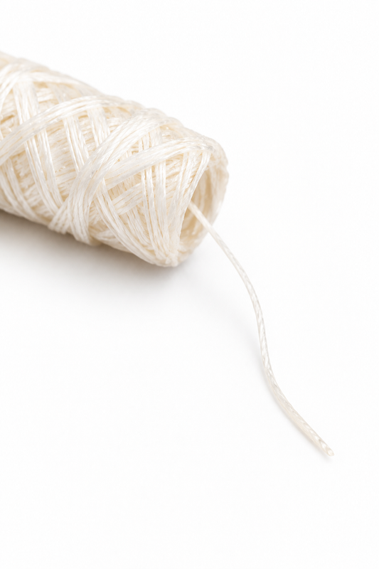 Close-up of ivory silk dental floss refill with an extended thread showing its texture and end.